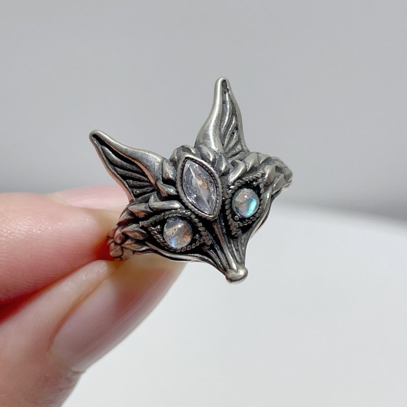 #F10 Silver Rings Fox Shape With Labradorite Eye Clear Quartz Wholesale - Wholesale Crystals