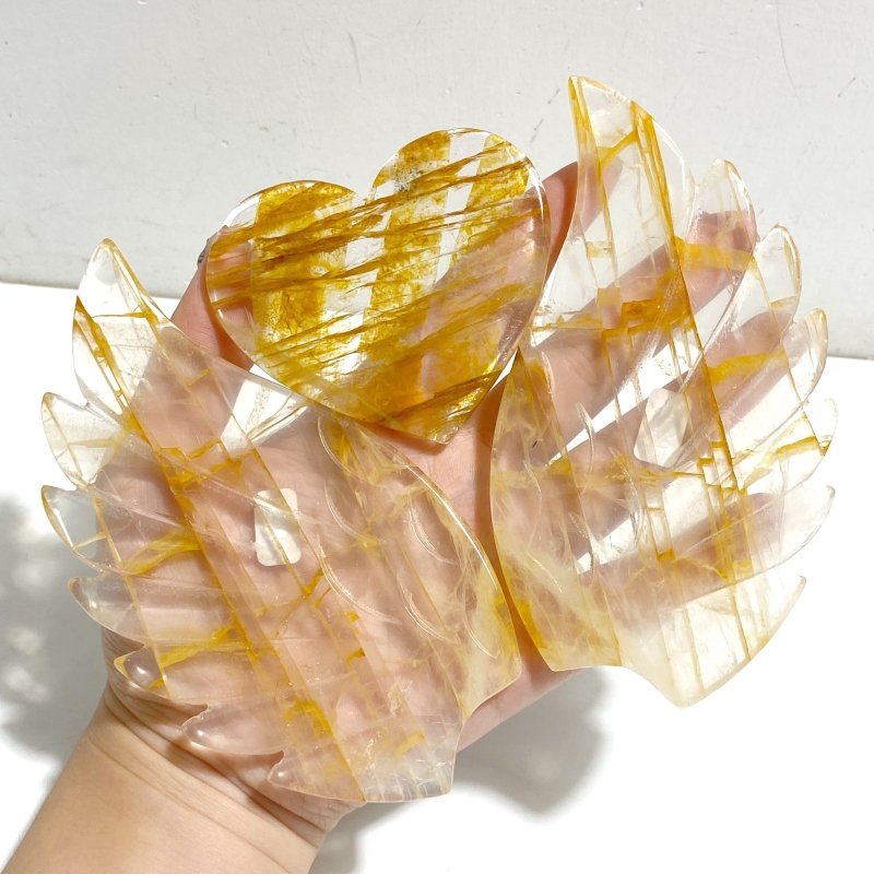 Golden Hematoid Quartz Fire Quartz Heart Wing Carving With Stand -Wholesale Crystals