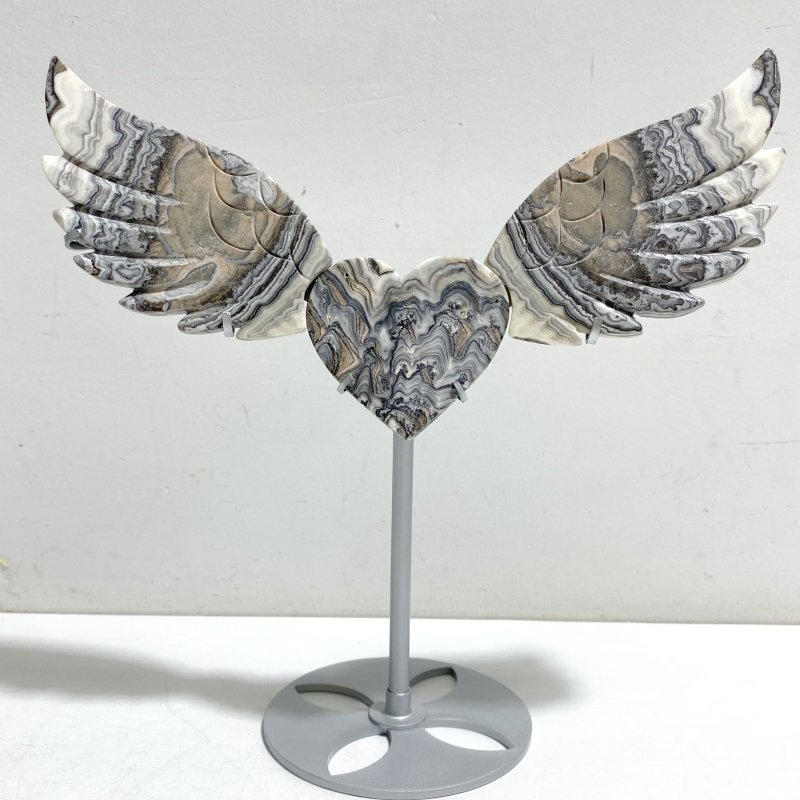 Gray Lace Agate Heart Wing Carving With Stand -Wholesale Crystals