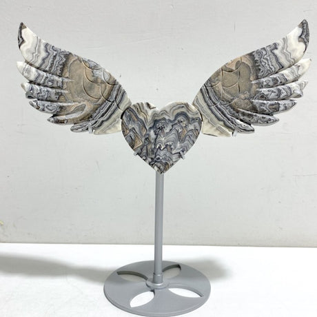 Gray Lace Agate Heart Wing Carving With Stand -Wholesale Crystals