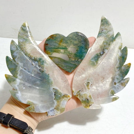 Moss Agate Heart Wing Carving With Stand -Wholesale Crystals