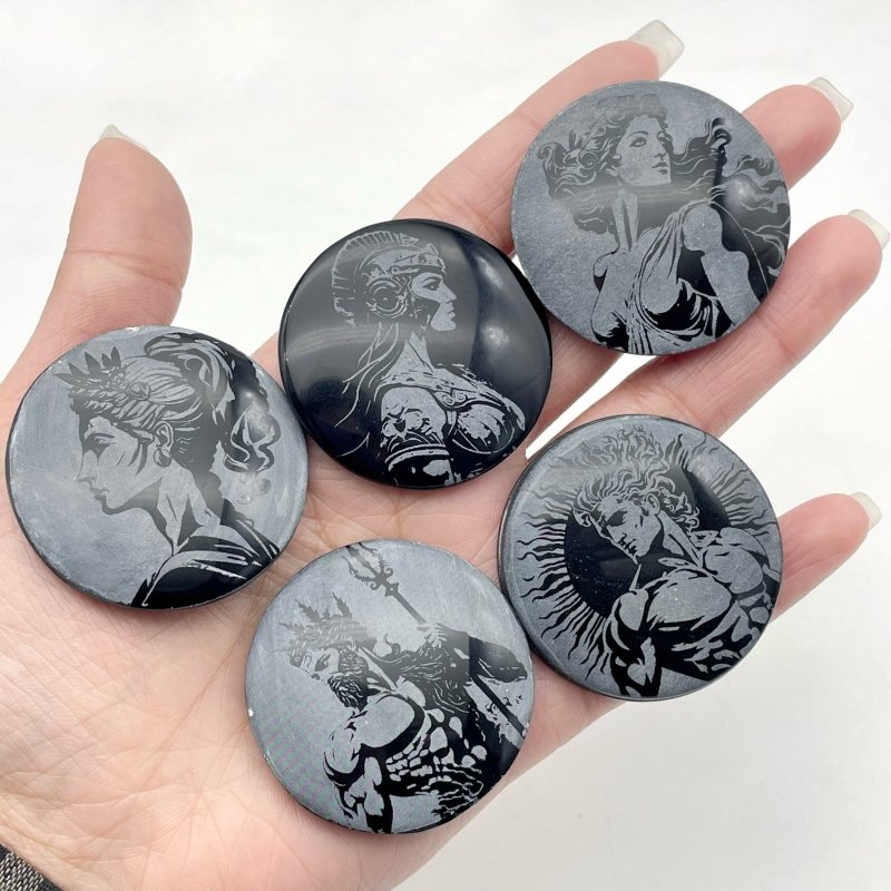 Obsidian Engraved Twelve Olympians Round Slices DIY Accessories Wholesale - Wholesale Crystals