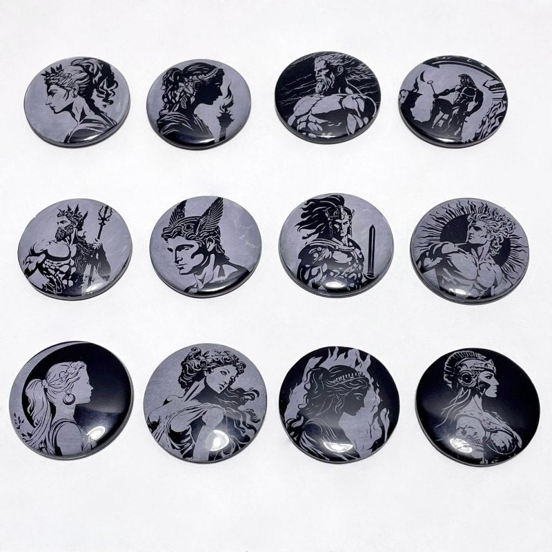 Obsidian Engraved Twelve Olympians Round Slices DIY Accessories Wholesale - Wholesale Crystals