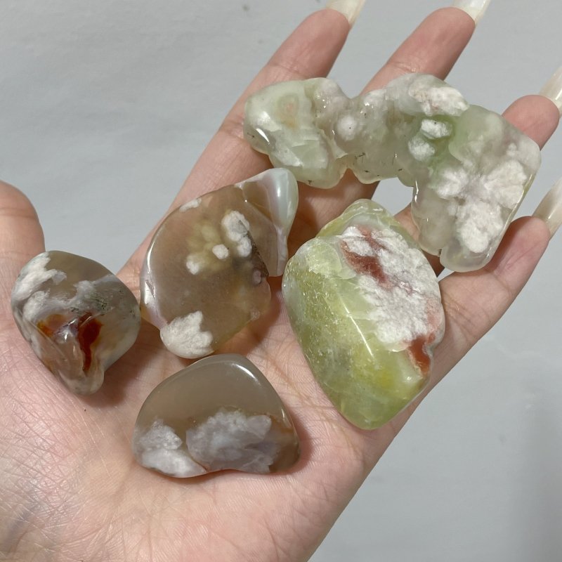 Polished Green Sakura Flower Agate Free Form Mixed Size Wholesale - Wholesale Crystals