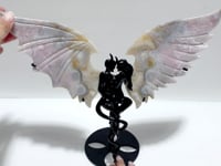 Beautiful Pink Flower Agate Demon And Angel Wing Carving With Stand