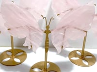 3 Pairs Rose Quartz Butterfly Wing Carving With Stand