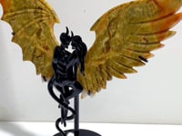 Yellow Ocean Jasper Demon And Angel Wing Carving With Stand