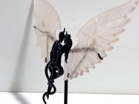 Unique Rose Quartz Demon And Angel Wing Carving With Stand