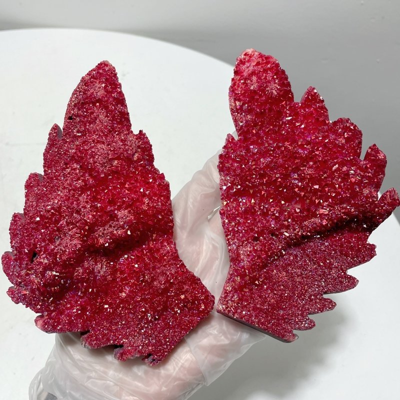 Red Aura Quartz Cluster Angel Wing Carving With Stand - Wholesale Crystals