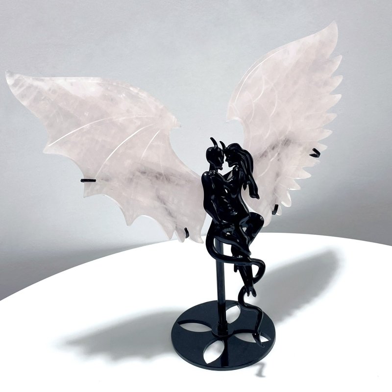 Rose Quartz Demon And Angel Wing Carving With Stand - Wholesale Crystals