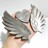 Silver Sheen Obsidian Heart Wing Carving With Stand -Wholesale Crystals