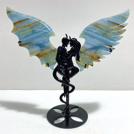 Unique Blue Onyx Demon And Angel Wing Carving With Stand - Wholesale Crystals