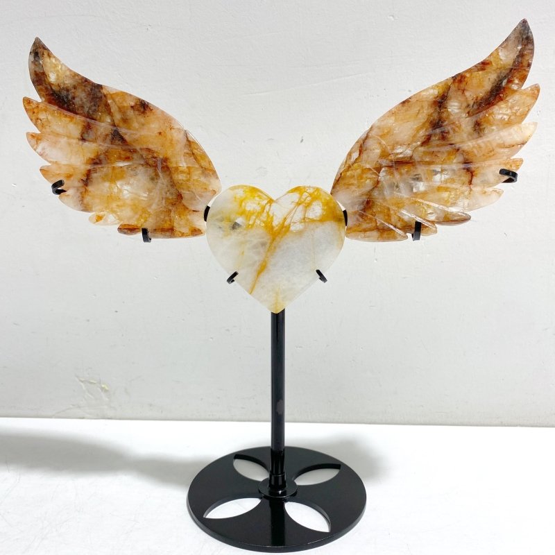 Unique Golden Hematoid Quartz Fire Quartz Heart Wing Carving With Stand -Wholesale Crystals