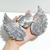 Unique Gray Lace Agate Heart Wing Carving With Stand - Wholesale Crystals