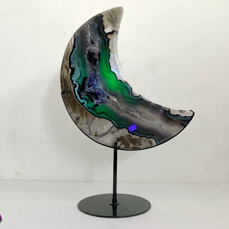 Unique Large Geode Druzy Volcano Agate Moon Carving With Stand(UV - Reactive) 4 - Wholesale Crystals