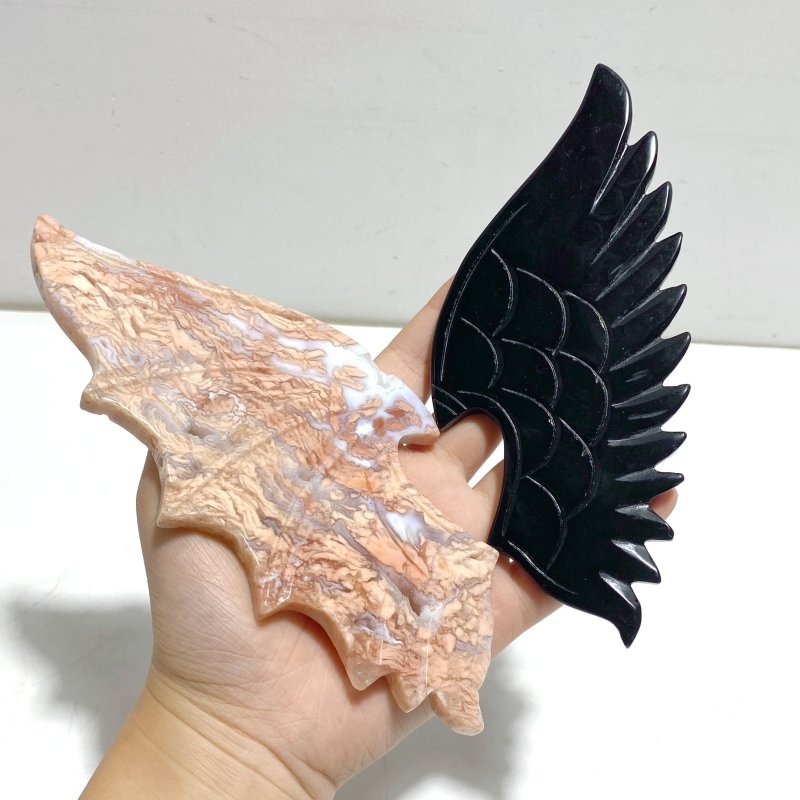 Unique Pink Agate Black Obsidian Demon and Angel Wing Carving With Stand - Wholesale Crystals