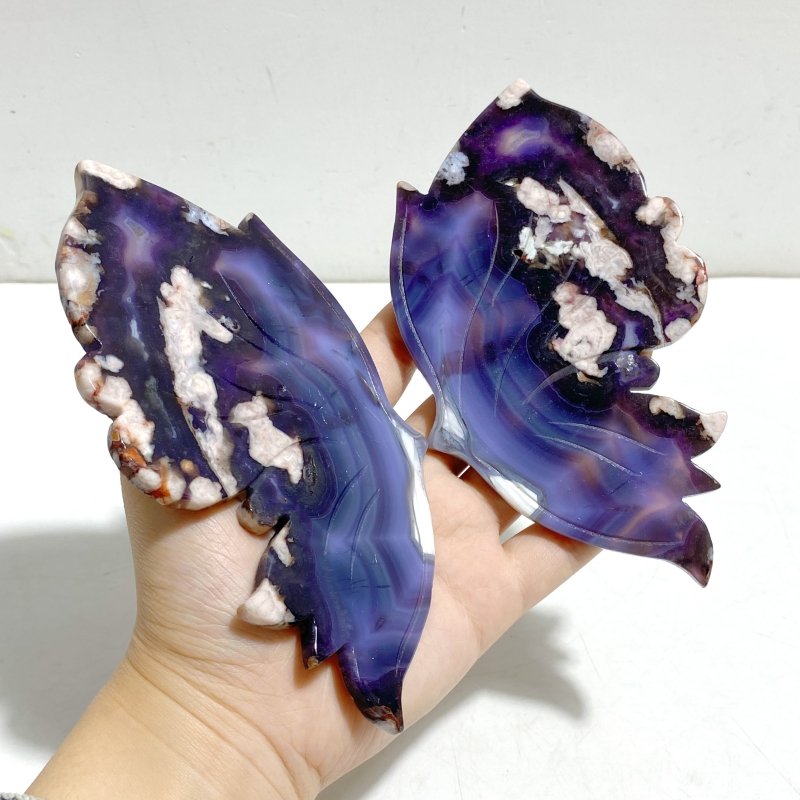 Unique Purple Sakura Flower Agate Butterfly Wing Carving With Stand - Wholesale Crystals