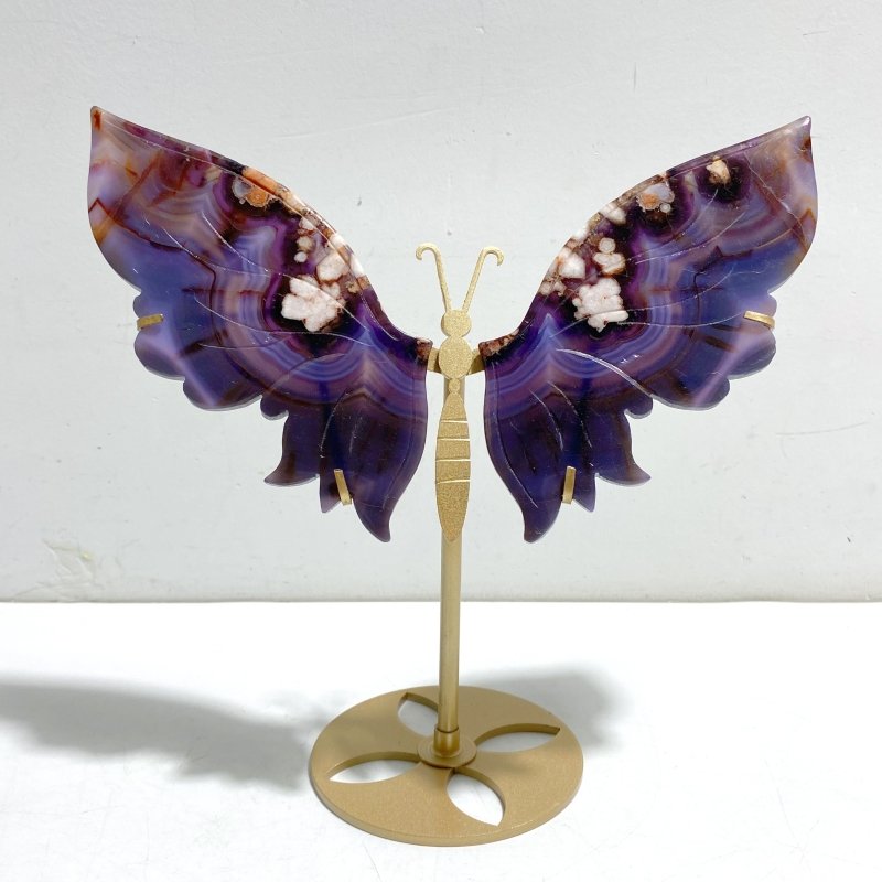 Unique Purple Sakura Flower Agate Butterfly Wing Carving With Stand - Wholesale Crystals