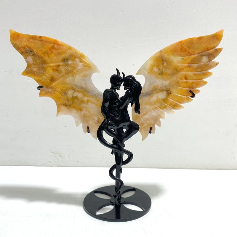 Unique Yellow Agate Demon And Angel Wing Carving With Stand - Wholesale Crystals