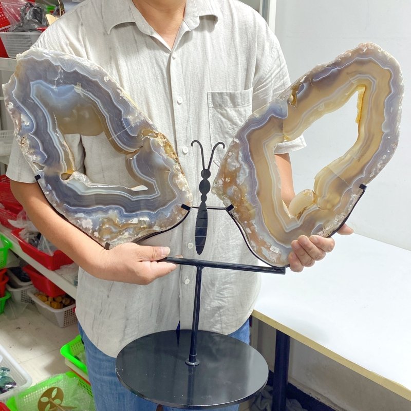 Very Large Beautiful Geode Druzy Sakura Flower Agate Butterfly Wing Carving With Stand 2 (Sea Freight Only) -Wholesale Crystals