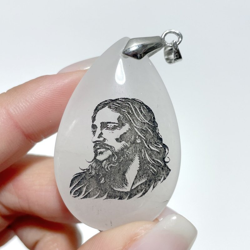 White Jade Engraved Jesus Christ Teardrop Pendant Crystal Pendant Wholesale - Wholesale Crystals