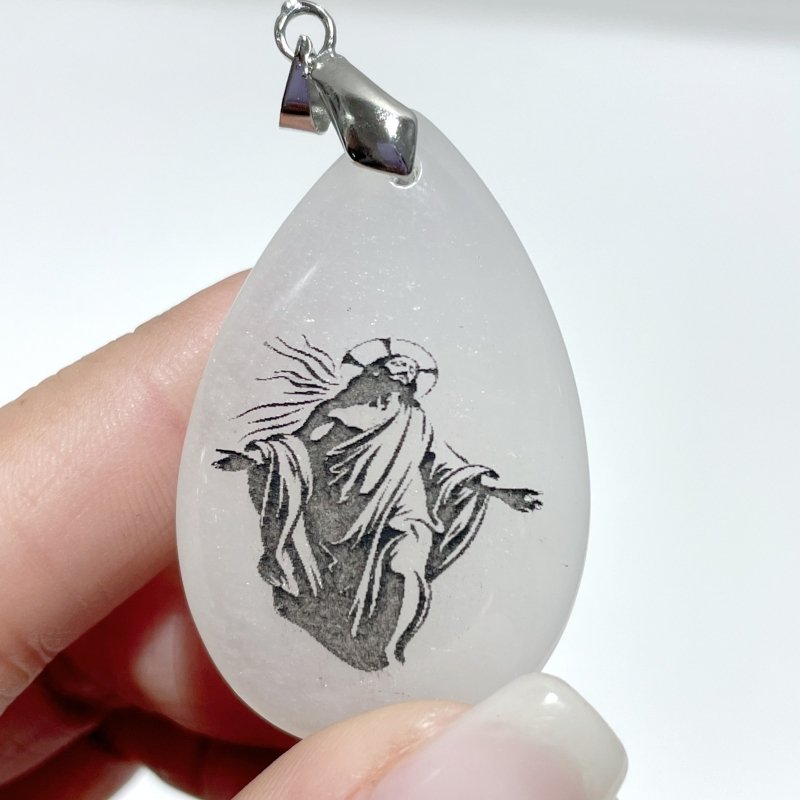 White Jade Engraved Jesus Christ Teardrop Pendant Crystal Pendant Wholesale - Wholesale Crystals