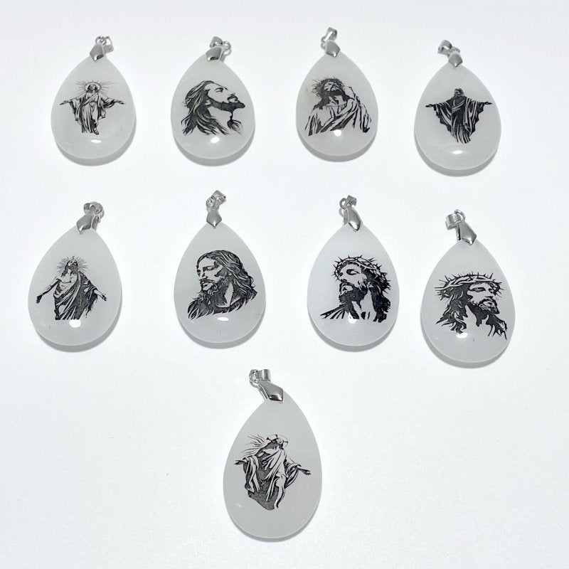 White Jade Engraved Jesus Christ Teardrop Pendant Crystal Pendant Wholesale - Wholesale Crystals