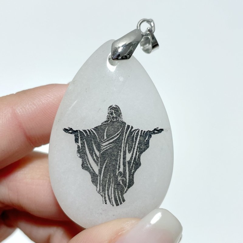 White Jade Engraved Jesus Christ Teardrop Pendant Crystal Pendant Wholesale - Wholesale Crystals