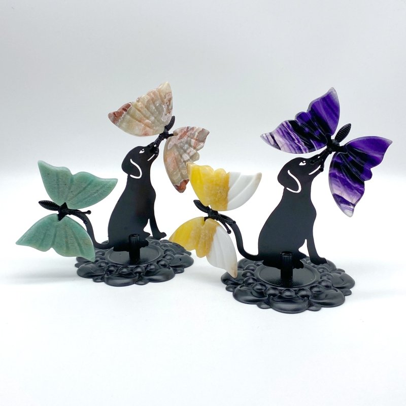Wholesale Crystal Butterfly Wing Carving with Dog Metal Stand (Mixed Materials) -Wholesale Crystals