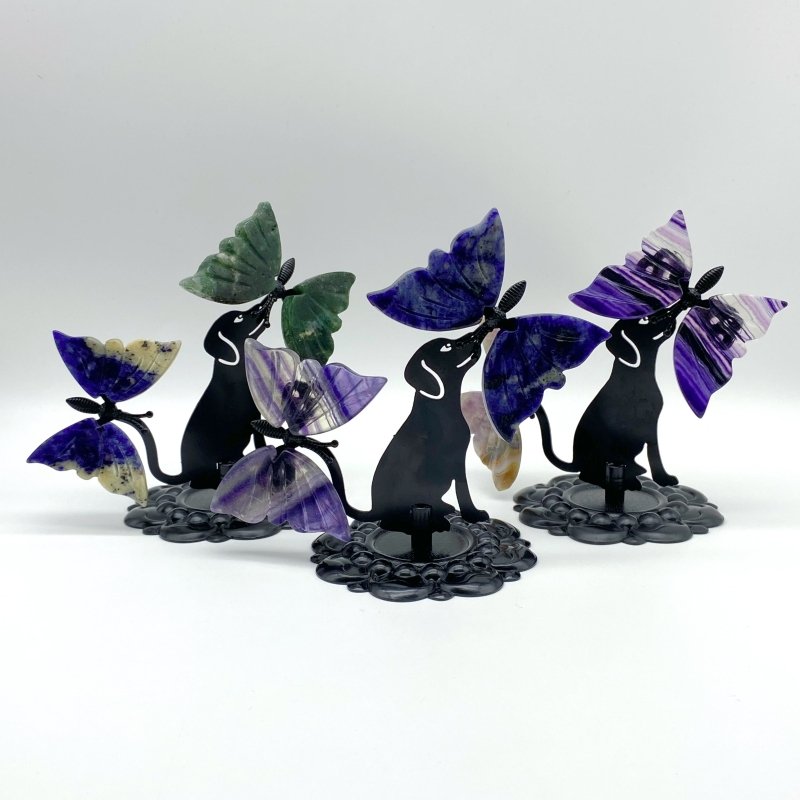 Wholesale Crystal Butterfly Wing Carving with Dog Metal Stand (Mixed Materials) -Wholesale Crystals