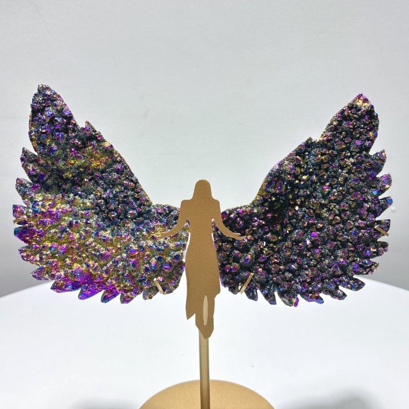 Yellow And Purple Aura Quartz Cluster Angel Wing Carving With Stand - Wholesale Crystals