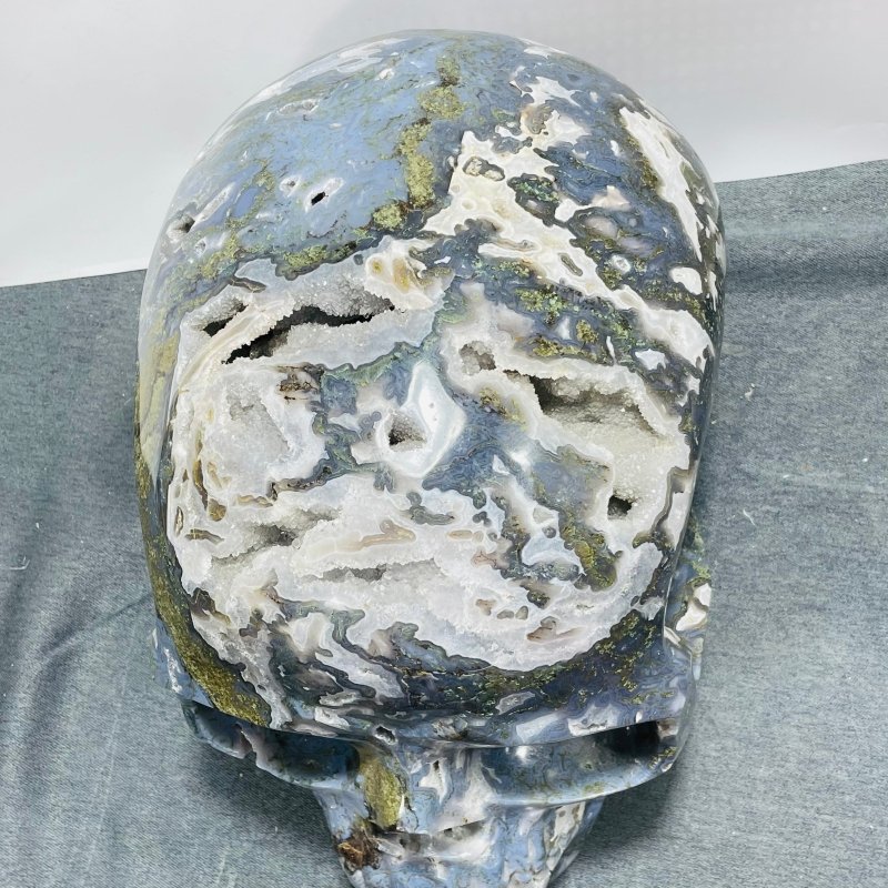 45.8kg Large Geode Druzy Moss Agate Skull Carving - Wholesale Crystals