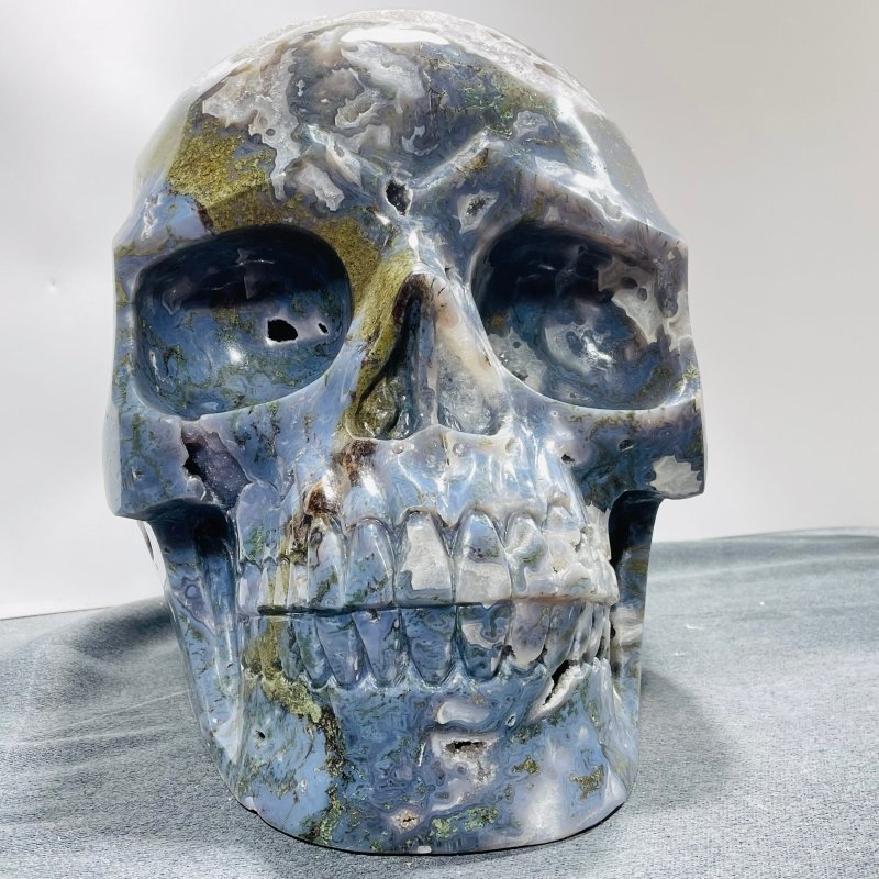 45.8kg Large Geode Druzy Moss Agate Skull Carving - Wholesale Crystals
