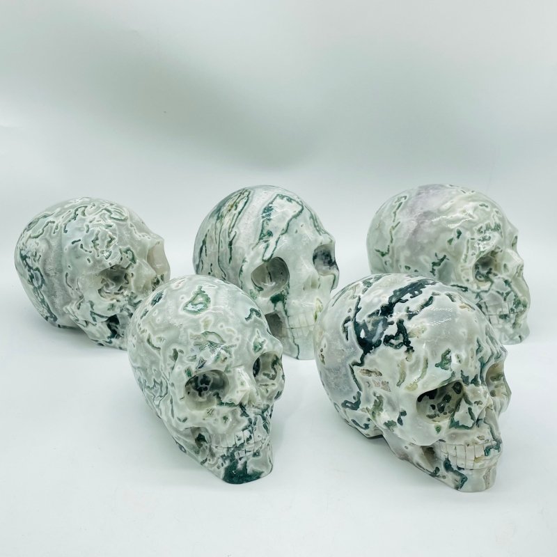 5 Pieces Large Moss Agate Skull Carving -Wholesale Crystals