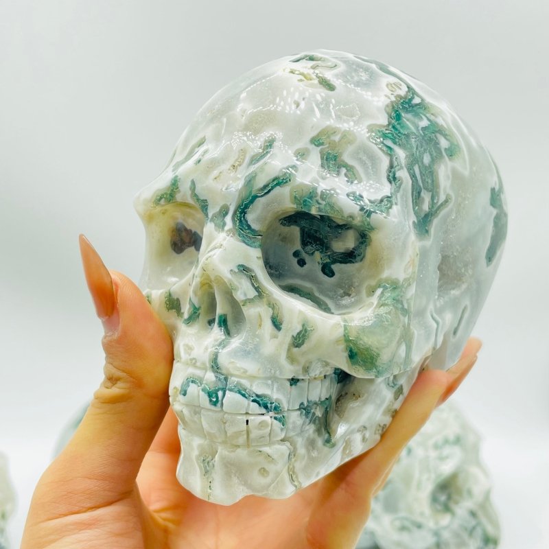 5 Pieces Large Moss Agate Skull Carving -Wholesale Crystals