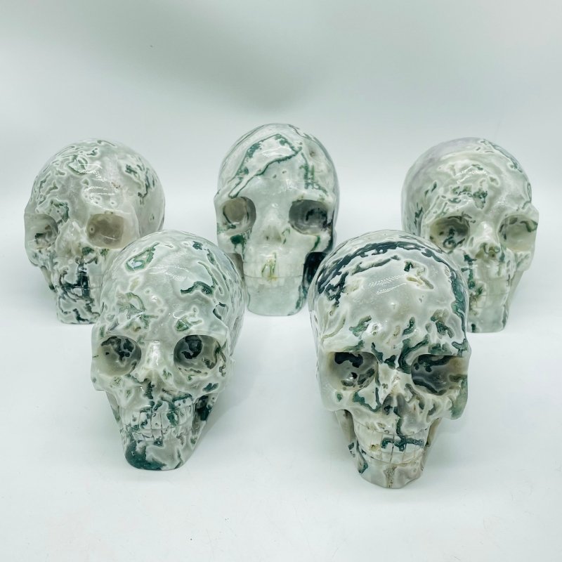 5 Pieces Large Moss Agate Skull Carving -Wholesale Crystals