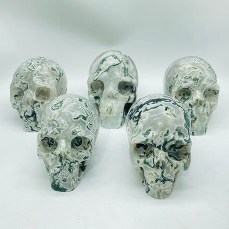 5 Pieces Large Moss Agate Skull Carving -Wholesale Crystals