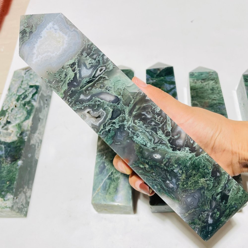 6 Pieces Large Moss Agate Four-Sided Tower Points -Wholesale Crystals