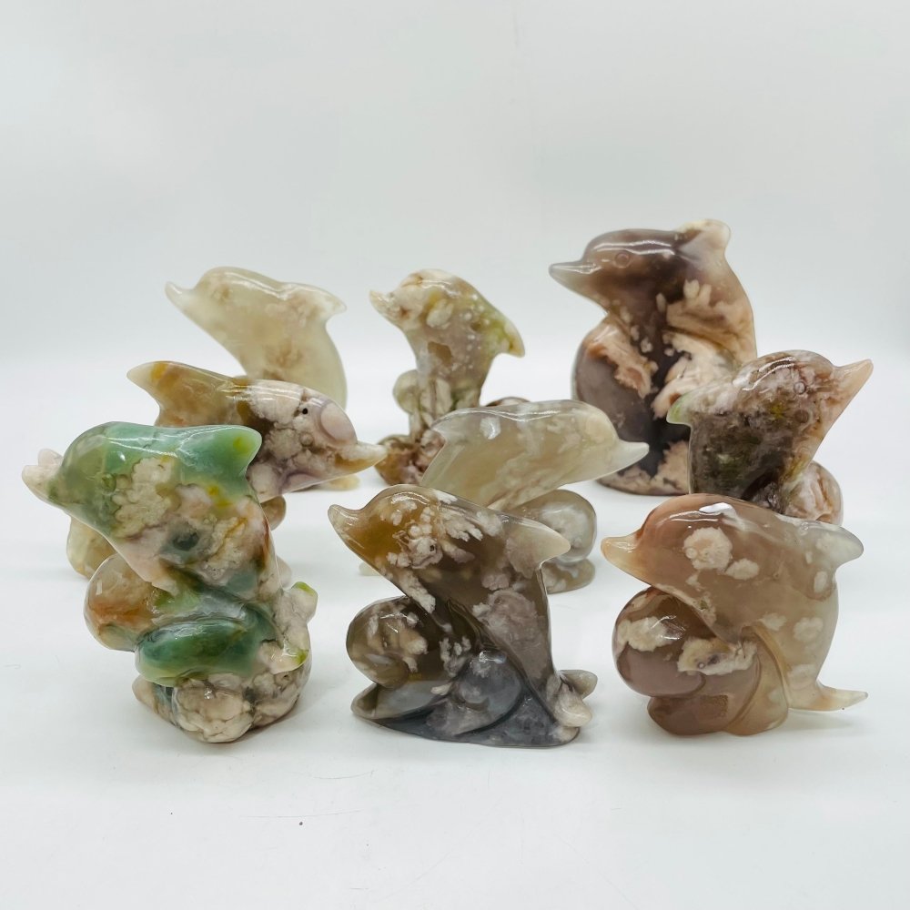 9 Pieces Sakura Flower Agate Dolphin Carving -Wholesale Crystals