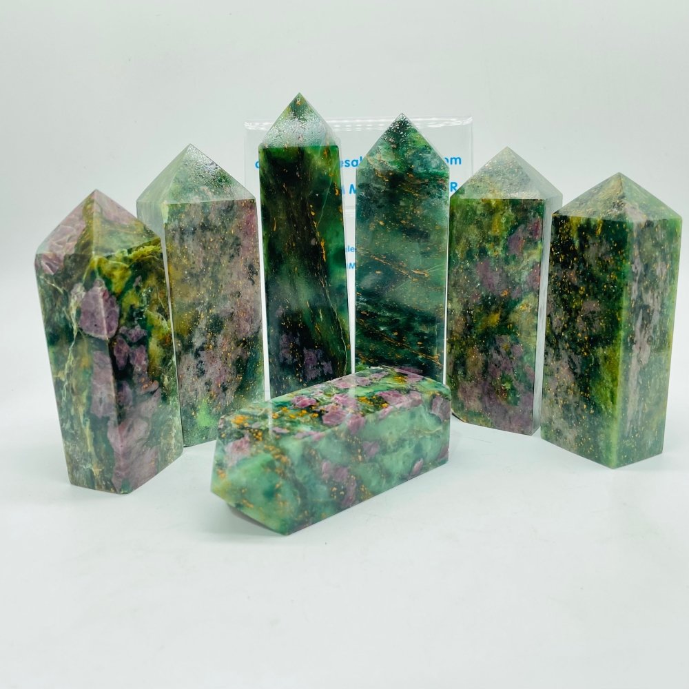 Ruby Mixed Green Mica Four-Sided Fat Tower Points Wholesale -Wholesale Crystals